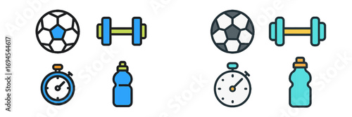 Diverse set of sports and fitness equipment items such as a soccer ball, dumbbell, stopwatch, and water bottle for active lifestyle designs