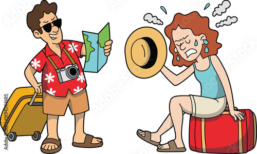 Cartoon vacation couple with suitcases, travel mishap illustration, cheerful man with map and camera, frustrated woman character, humorous holiday design, tourism concept art