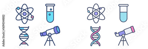 Essential science and research icons including atom structure, chemical test tube, DNA helix, and astronomical telescope