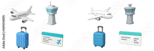 Modern 3D airport and travel elements including passenger airplane, air traffic control tower, luggage, and boarding pass