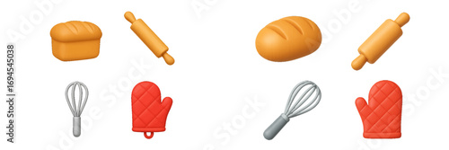 Assortment of fresh baked bread loaves with kitchen baking tools like rolling pins, whisks, and oven mitts