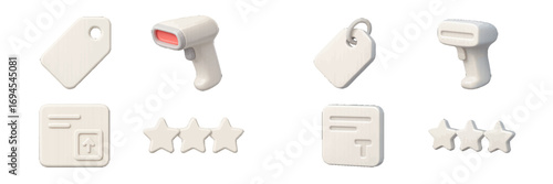 Modern e-commerce shopping delivery and customer review symbols: price tags, barcode scanners, rating stars