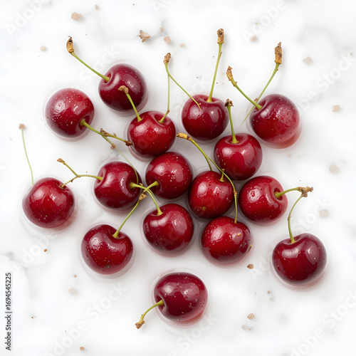 Fresh Cherries with Stems Flat Lay