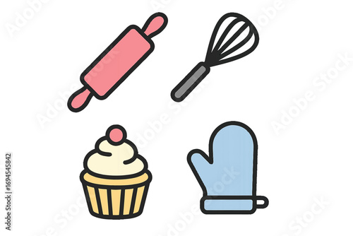 Set of essential kitchen baking tools including a rolling pin, whisk, oven mitt, and a sweet cupcake