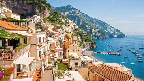 Picturesque Coastal Town Positano Italy Featuring Colorful Buildings Terracotta Roofs Azure Sea Clear Blue Skies Boats and Rocky Cliffs During Sunny Day