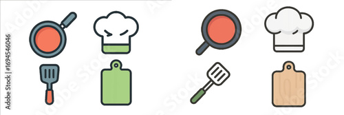 Modern flat design icons of essential kitchen utensils and cooking equipment for culinary themes and food preparation