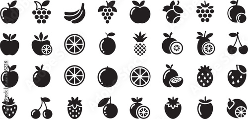Fresh Fruits & Organic Berries Solid Icon Collection – 40 Black Vector Graphics