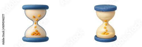 Conceptual hourglasses with falling golden coins representing time, financial planning, investment, and wealth management