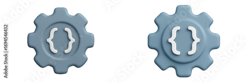 Modern three-dimensional gear icon with curly braces symbol representing software development, programming, settings, and configuration processes