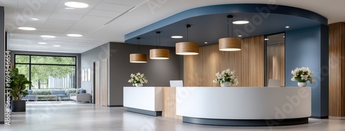 Modern reception area designed with natural materials, bright lighting, and greenery, creating a welcoming atmosphere for visitors in an office setting