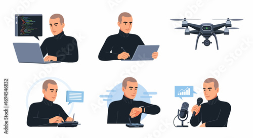 Man using drone, laptop, tablet, microphone - flat vector illustration