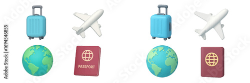 Collection of essential travel items for global journeys: blue suitcase, white airplane, world globe, red passport