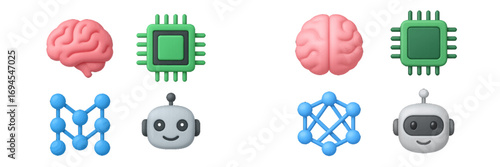 Artificial intelligence and machine learning concepts with brain, CPU, neural network, and robot head symbols for modern technology