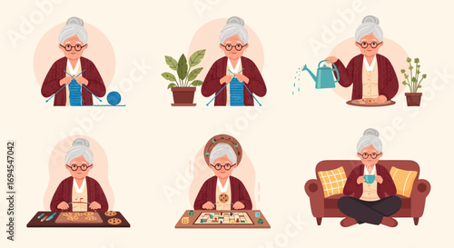 Granny's Cozy Moments Flat Vector Illustrations of Elderly Lady