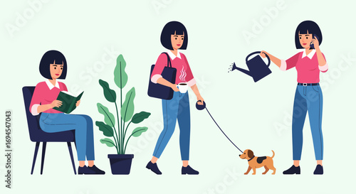 Vector illustrations of elderly woman enjoying hobbies and leisure time