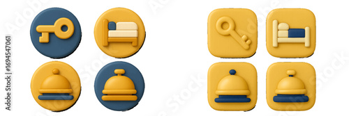Collection of modern hotel service icons featuring a key, bed, and reception bell in a stylized 3D design