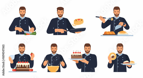 Professional chef flat vector character cooking, baking, and preparing meals