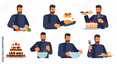 Flat vector chef preparing food baking cooking and decorating desserts