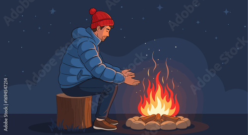Flat illustration of man warming hands by campfire at night