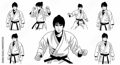 Man in karate uniform various poses martial arts fighter