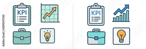 Business growth and success icons with KPI chart, briefcase, and lightbulb