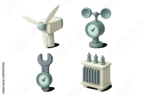 Modern stylized representations of renewable energy generation, weather monitoring, and essential repair equipment