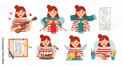 Flat vector illustration girl hobbies creative activities lifestyle
