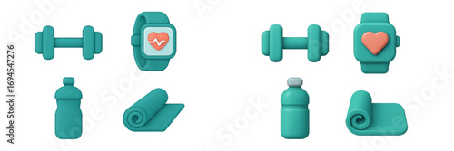 Fitness and workout equipment collection with smartwatch, dumbbells, water bottle, and yoga mat for healthy lifestyle concept