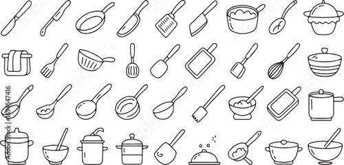 Hand-Drawn Kitchen Tools Doodle Icon Set – 40 Black & White Cooking Sketches