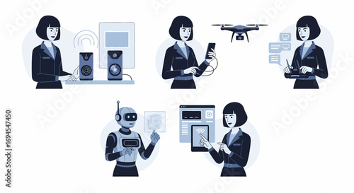 Flat vector people interacting with technology and AI