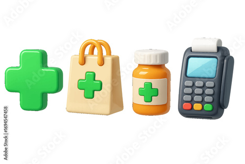 Medical pharmacy shopping and payment concept with medicine bottle, shopping bag, green cross symbol, and POS terminal