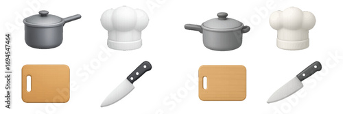 Collection of essential kitchen utensils and chef accessories including cooking pots, hats, cutting boards, and sharp knives
