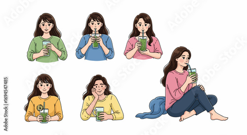 Young woman enjoying healthy green smoothie drink
