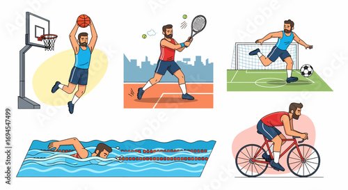 Flat illustration man playing basketball tennis soccer swimming cycling