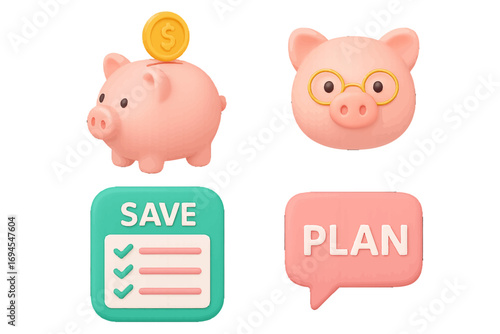 Modern financial planning and money management concepts featuring a piggy bank, savings checklist, and strategic plan for personal finance goals