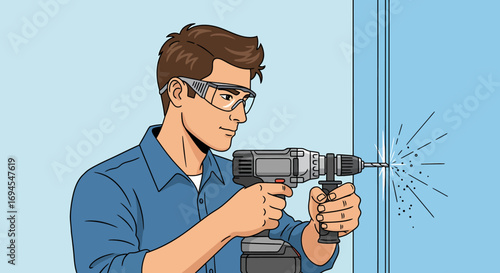 Flat illustration man with power drill making hole in wall