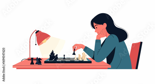 Flat vector illustration woman playing chess at desk under lamp