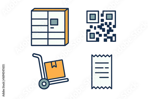 Automated parcel locker, QR code, package on hand truck, and receipt icons for modern delivery and logistics