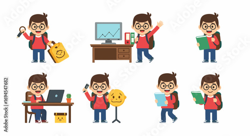 Cartoon school boy various poses with backpack and school supplies