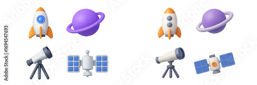 Three-dimensional symbols of space exploration and astronomy with rockets, planets, telescopes, and satellites