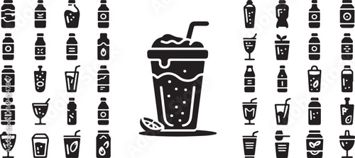 Healthy Beverages & Smoothies Glyph Icons – 40 Black Silhouette Drink Symbols