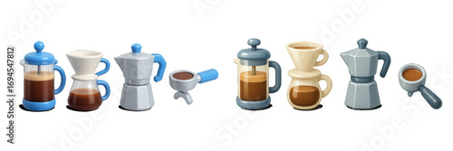 Various coffee brewing equipment and accessories: French press, Moka pot, pour-over dripper, and portafilter