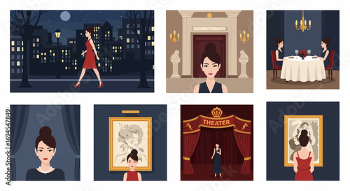 Flat vector elegant woman walking night street