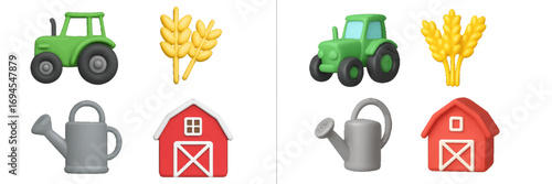Green tractor, red barn, golden wheat, and gray watering can for farming and agriculture themes