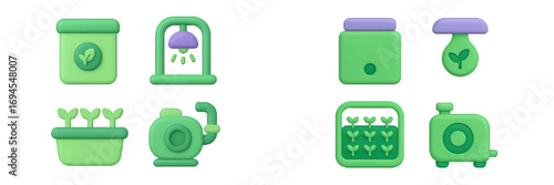 Modern green and purple symbols depicting essential gardening tools, plant growth stages, and agricultural technology concepts