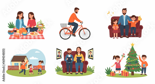 Vector illustration family enjoying outdoor picnic and indoor activities