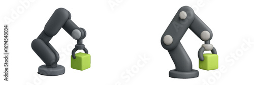 Modern industrial robotic arm grasping a bright green cube, symbolizing automation and technological progress