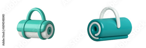 Stylized rolled up mat or bag with handle in teal and white colors on isolated background for fitness or travel concepts