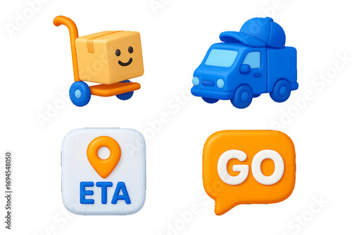 Playful 3D style icons for fast delivery, shipping, logistics, and estimated time of arrival tracking