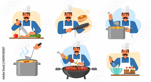 Flat vector chef cooking food various dishes culinary